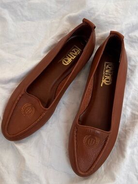 Brown genuine leather loafers with embossed logo // size 7